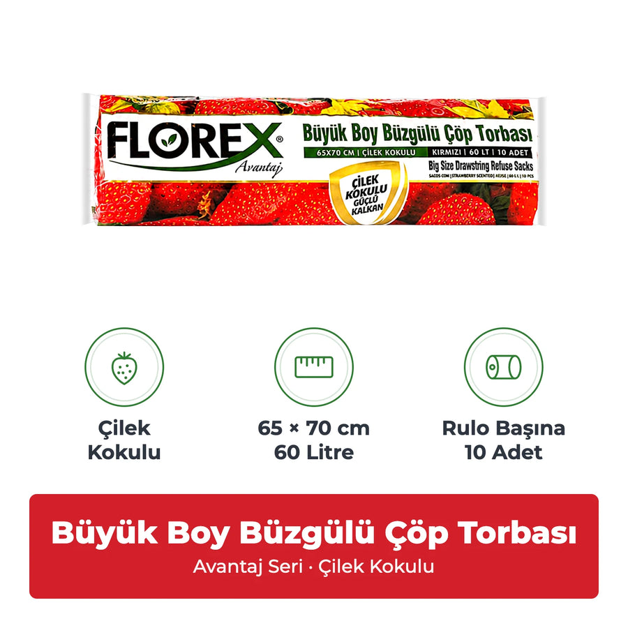Florex Avantaj Büzgülü Büyük Boy Çilek Kokulu Çöp Torbası