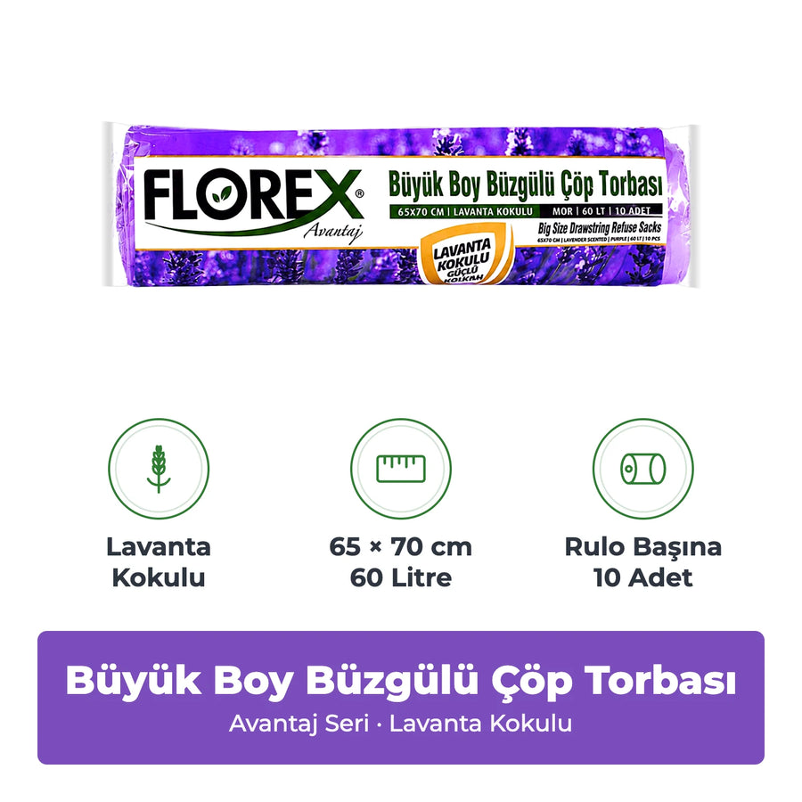 Florex Avantaj Büzgülü Büyük Boy Lavanta Kokulu Çöp Torbası