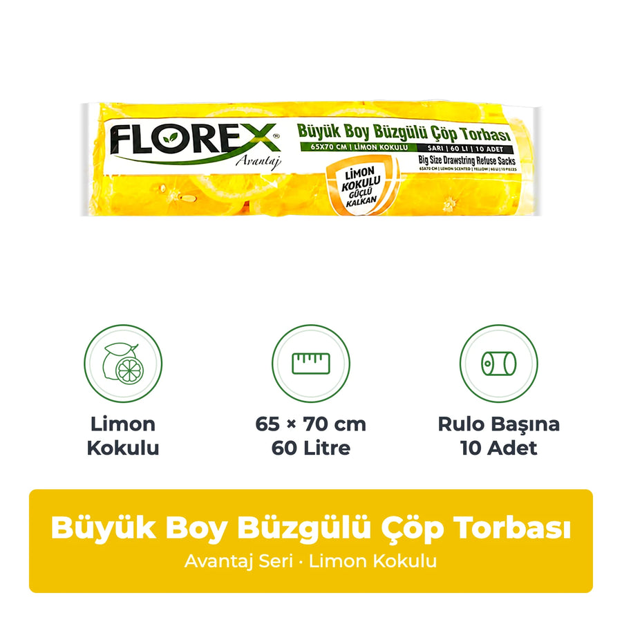 Florex Avantaj Büzgülü Büyük Boy Limon Kokulu Çöp Torbası