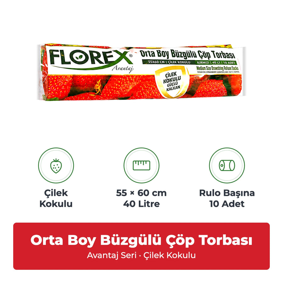 Florex Avantaj Büzgülü Orta Boy Çilek Kokulu Çöp Torbası