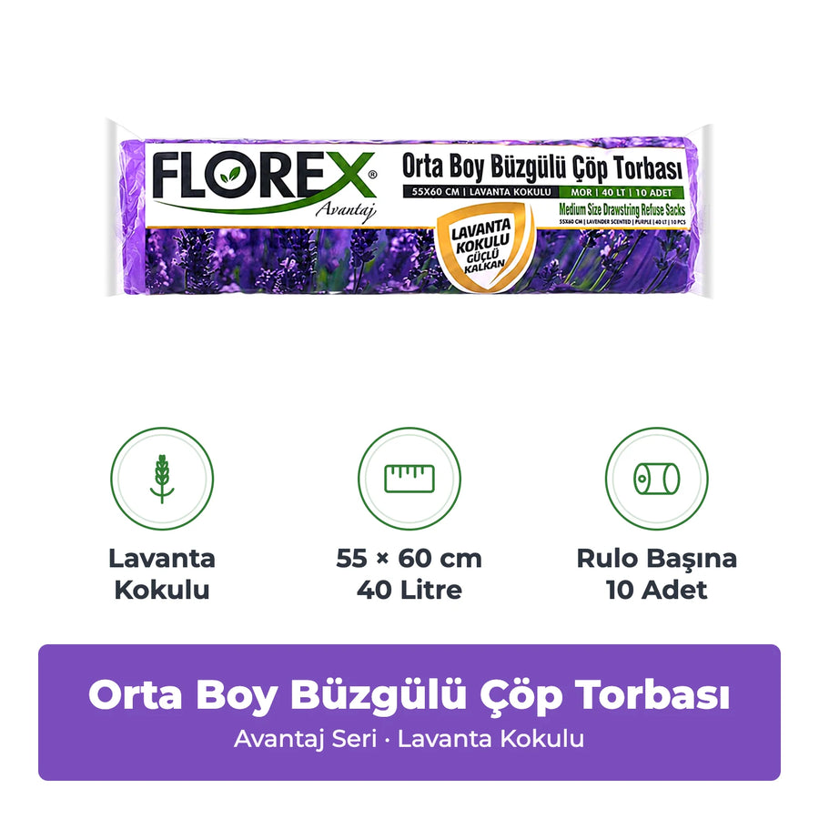 Florex Avantaj Büzgülü Orta Boy Lavanta Kokulu Çöp Torbası