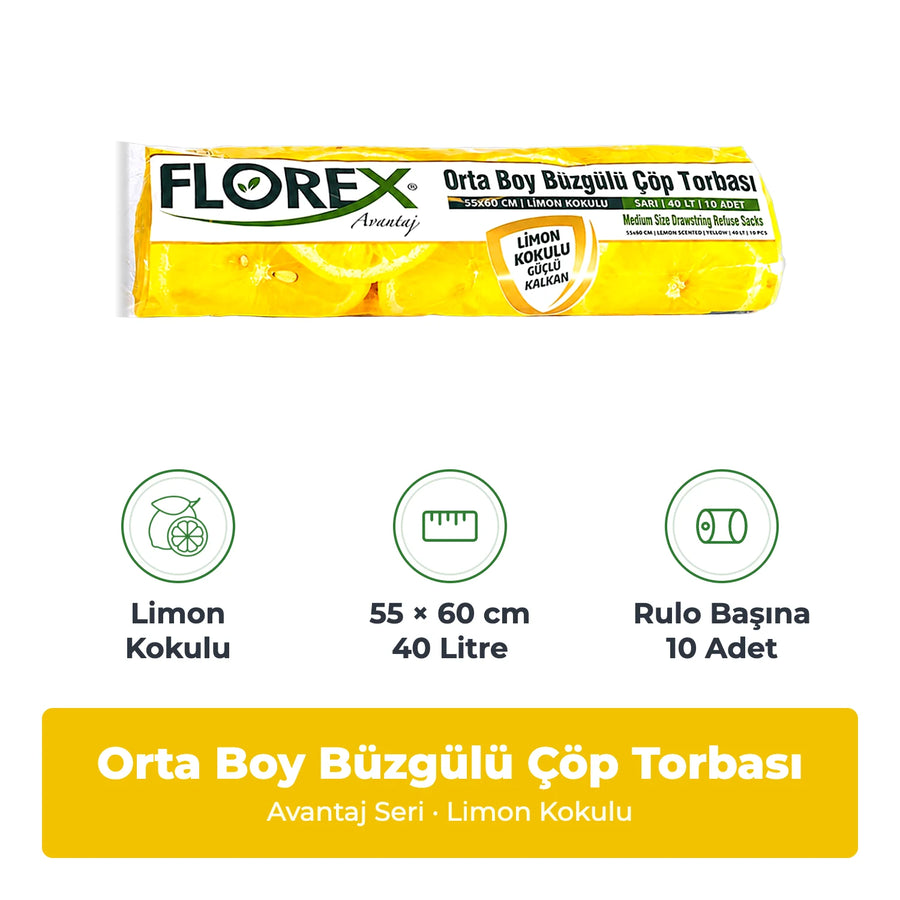 Florex Avantaj Büzgülü Orta Boy Limon Kokulu Çöp Torbası