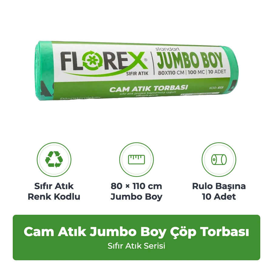 Florex Cam Atık Baskılı Standart Jumbo Boy Yeşil Çöp Torbası