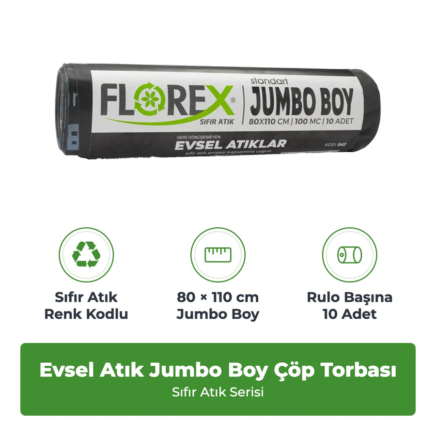 Florex Evsel Atık Baskılı Standart Jumbo Boy Siyah Çöp Torbası