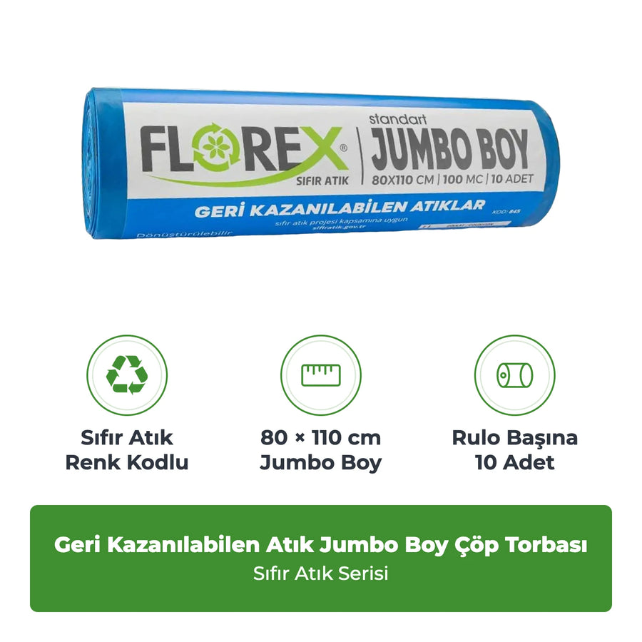 Florex Geri Kazanılabilen Atıklar Baskılı Standart Jumbo Boy Mavi Çöp Torbası