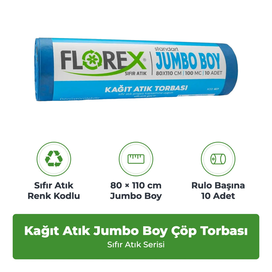 Florex Kağıt Atık Baskılı Standart Jumbo Boy Mavi Çöp Torbası