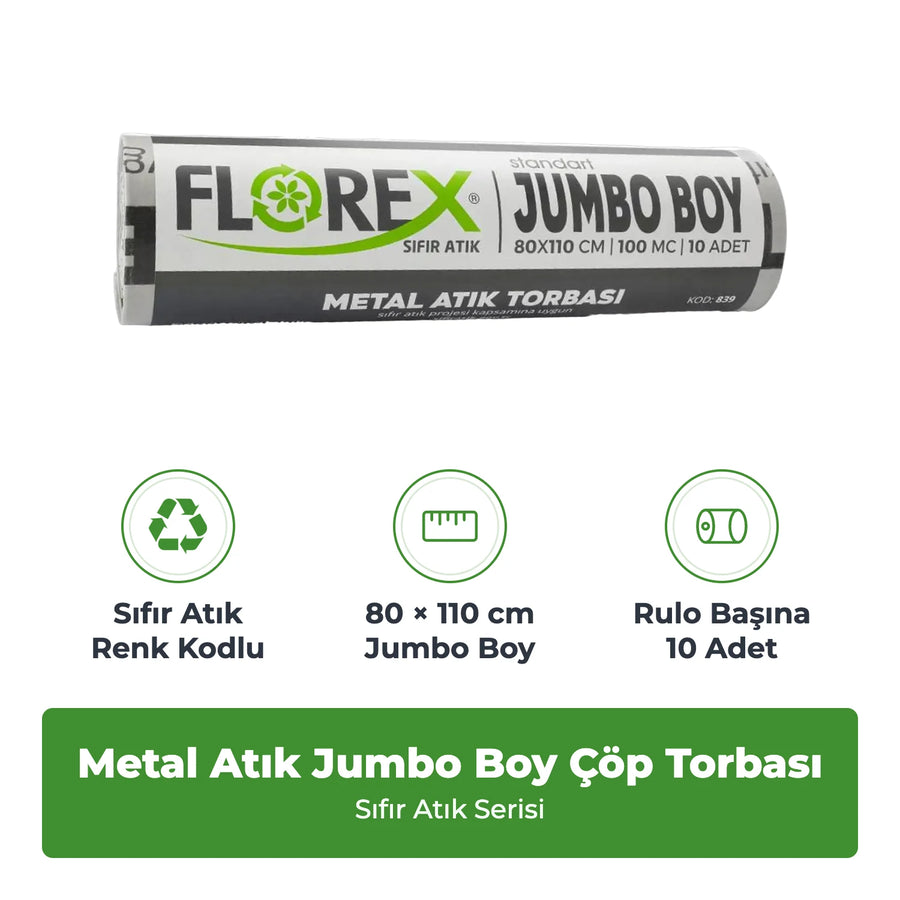 Florex Metal Atık Baskılı Standart Jumbo Boy Gri Çöp Torbası